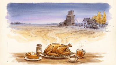 A prairie Thanksgiving Monday in October — cut stubble, gold poplars and a grain elevator.