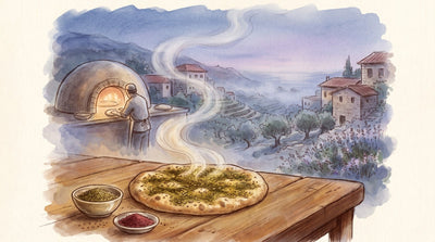 Manakish spread with za'atar and olive oil going into a village bakery oven in the morning.