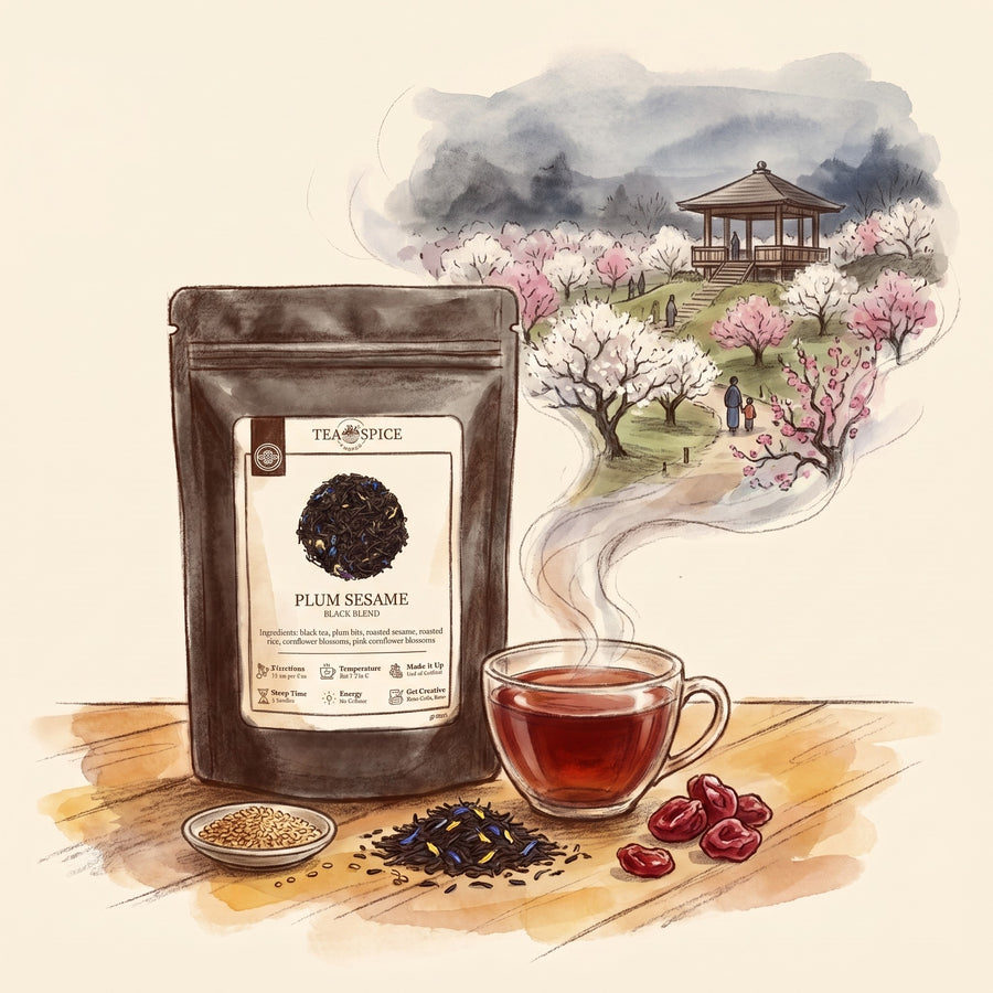Illustration of Plum Sesame NEW in The Tea & Spice Shoppe pouch, with Kairakuen garden in Mito, Japan, in late February