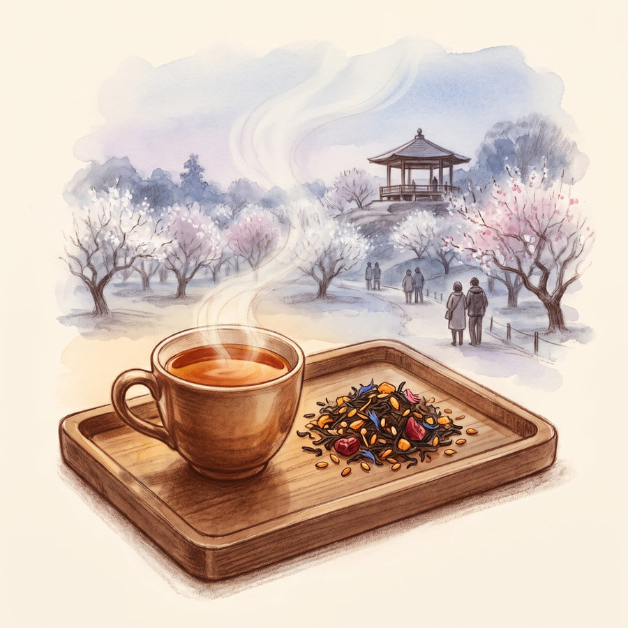 Illustration: Plum Sesame NEW with Kairakuen garden in Mito, Japan, in late February