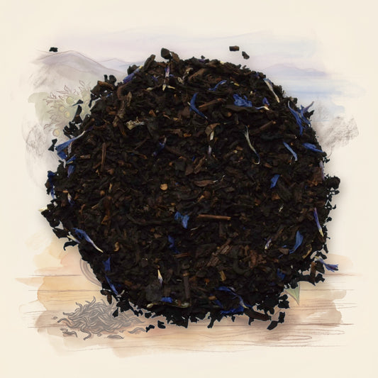 Earl Grey Decaf loose leaf tea, shown over a chalk-and-watercolour illustration