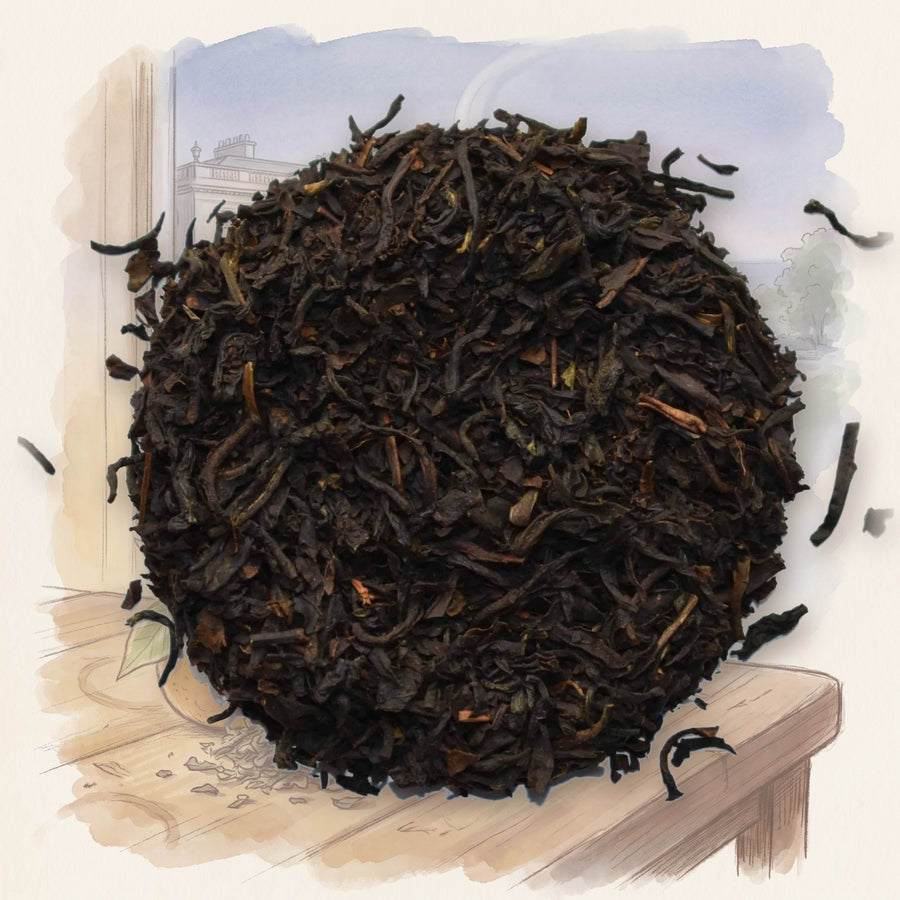 Earl Grey, Organic loose leaf tea, shown over a chalk-and-watercolour illustration