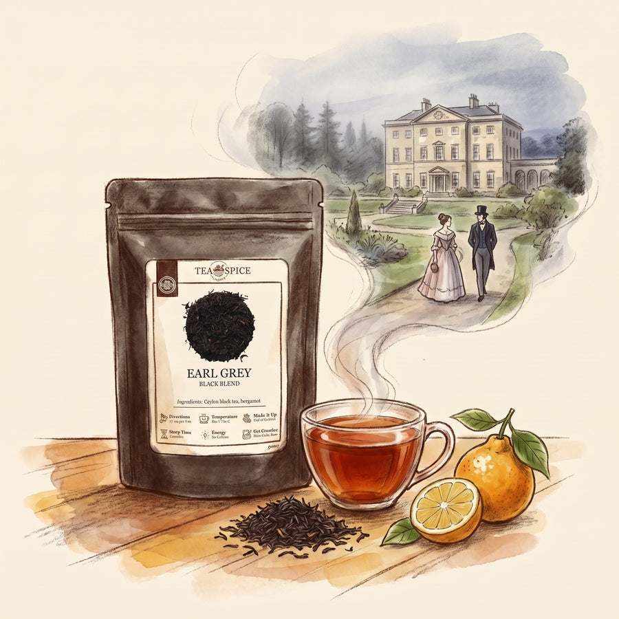 Illustration of Earl Grey, Organic in The Tea & Spice Shoppe pouch, with Howick Hall in Northumberland around 1830