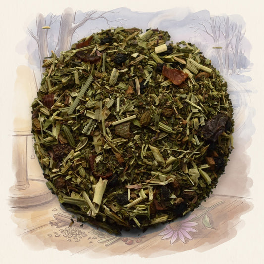 Echinacea Immune Boost loose leaf tea, shown over a chalk-and-watercolour illustration