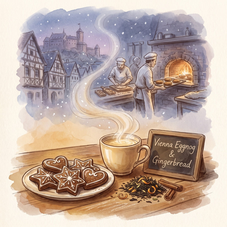 Illustration: a mug of Vienna Eggnog tea with gingerbread