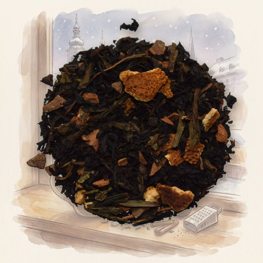 Vienna Eggnog loose leaf tea, shown over a chalk-and-watercolour illustration