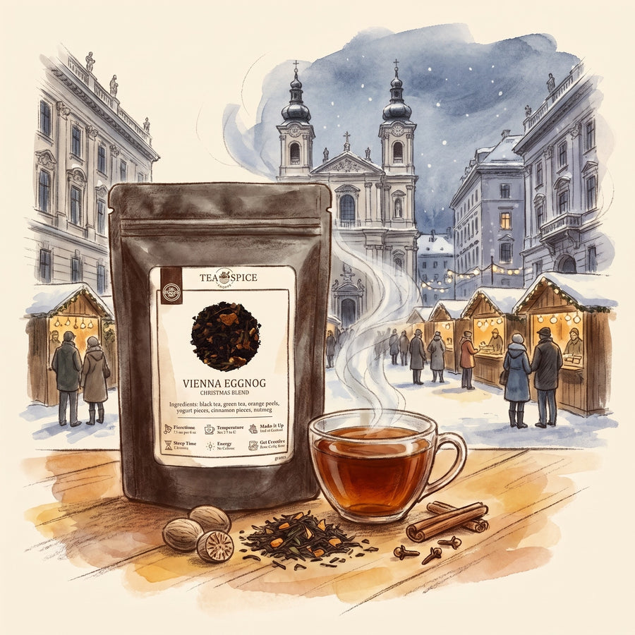 Illustration of Vienna Eggnog in The Tea & Spice Shoppe pouch, with a daydream of Vienna at Christmas