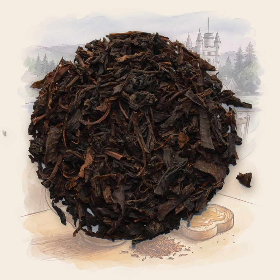 English Breakfast, Organic loose leaf tea, shown over a chalk-and-watercolour illustration