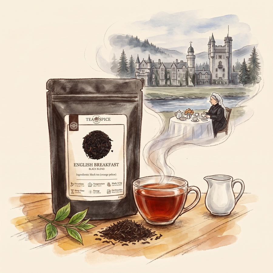 Illustration of English Breakfast, Organic in The Tea & Spice Shoppe pouch, with Balmoral in the Scottish Highlands in 1892, as the story goes