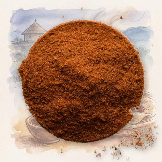 Ethiopian Berbere spice, shown over a chalk-and-watercolour illustration