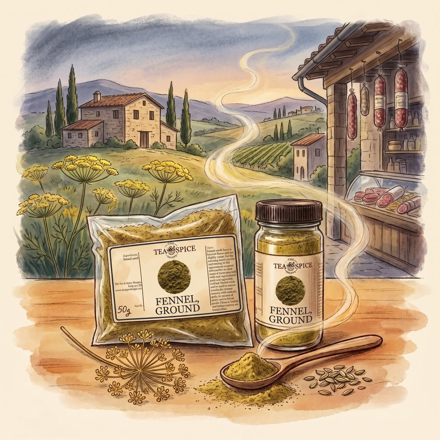 Illustration of Fennel Seed, Ground in The Tea & Spice Shoppe bag and jar, with the hills of Tuscany