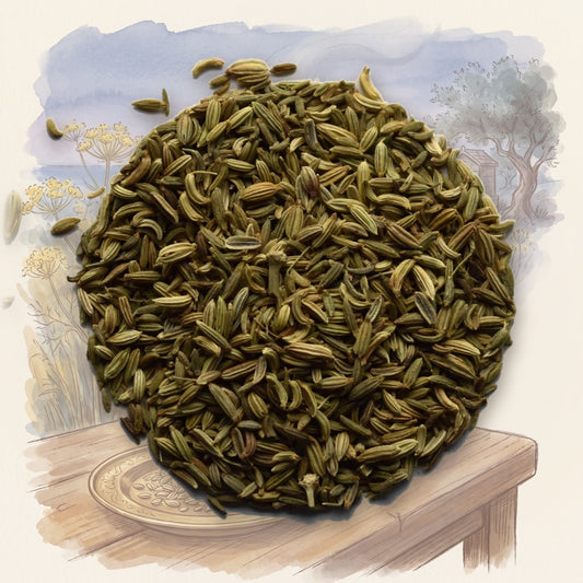 Fennel Seed, Whole spice, shown over a chalk-and-watercolour illustration