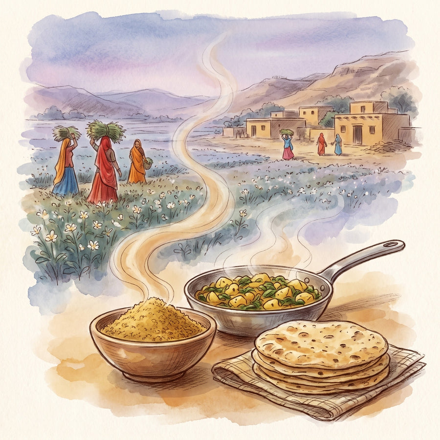 Illustration: Fenugreek, Ground with Rajasthan in winter