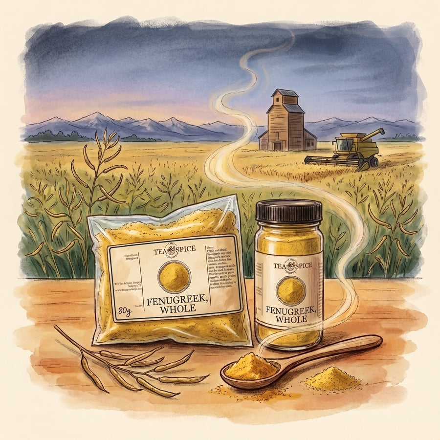 Illustration of Fenugreek, Whole in The Tea & Spice Shoppe bag and jar, with the prairie of southern Alberta near Lethbridge in late summer
