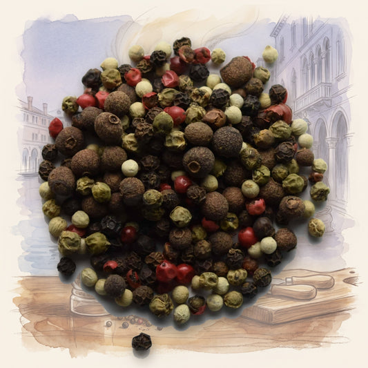 Peppercorns, Five Blend spice, shown over a chalk-and-watercolour illustration
