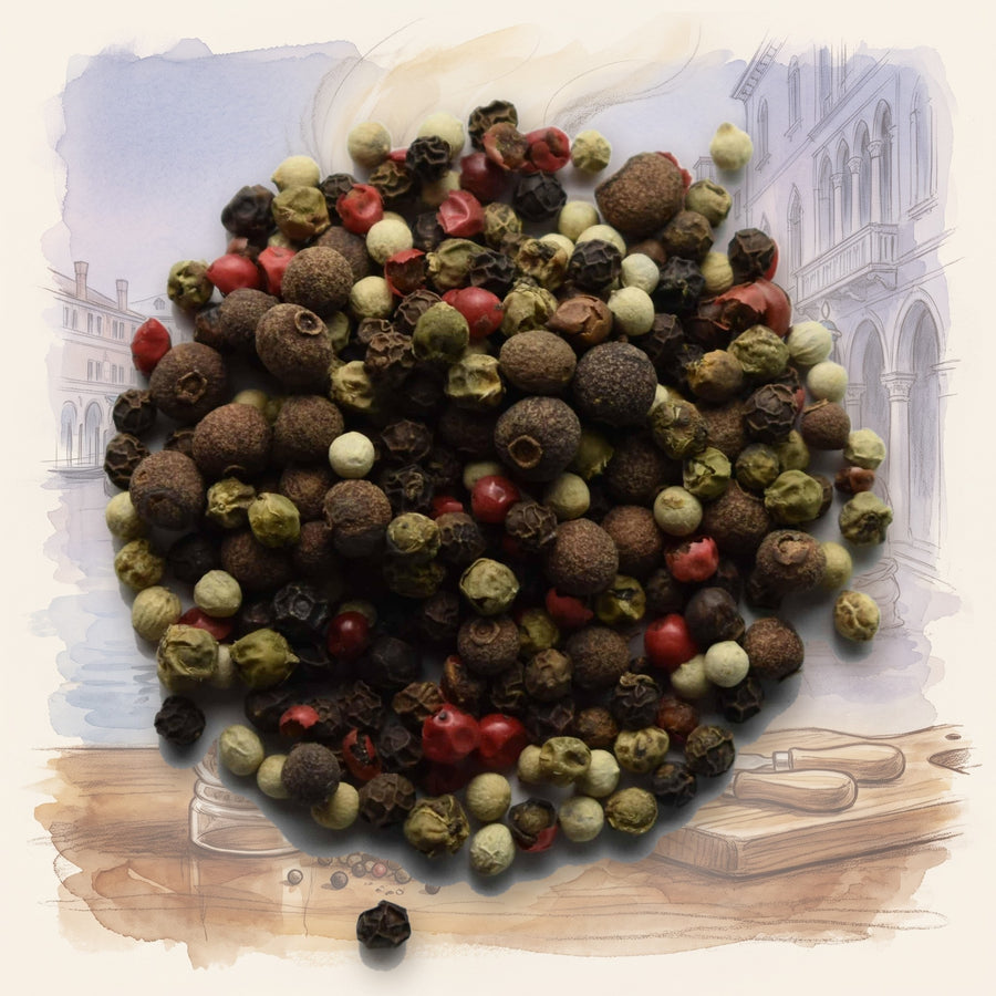 Peppercorns, Five Blend spice, shown over a chalk-and-watercolour illustration