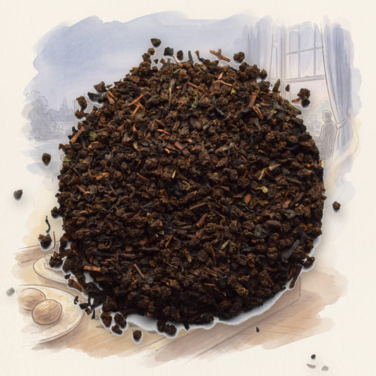 Five O’ Clock loose leaf tea, shown over a chalk-and-watercolour illustration
