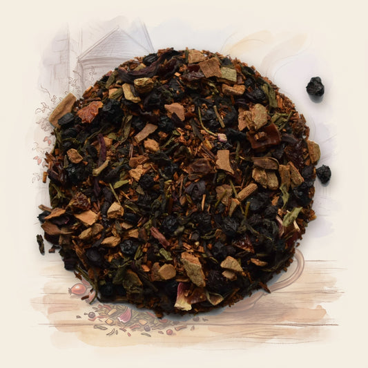 Forever Young, Organic loose leaf tea, shown over a chalk-and-watercolour illustration