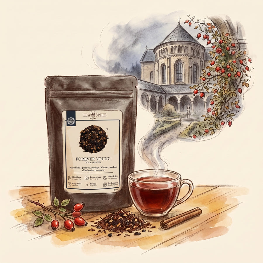 Illustration of Forever Young, Organic in The Tea & Spice Shoppe pouch, with Hildesheim in Germany in autumn