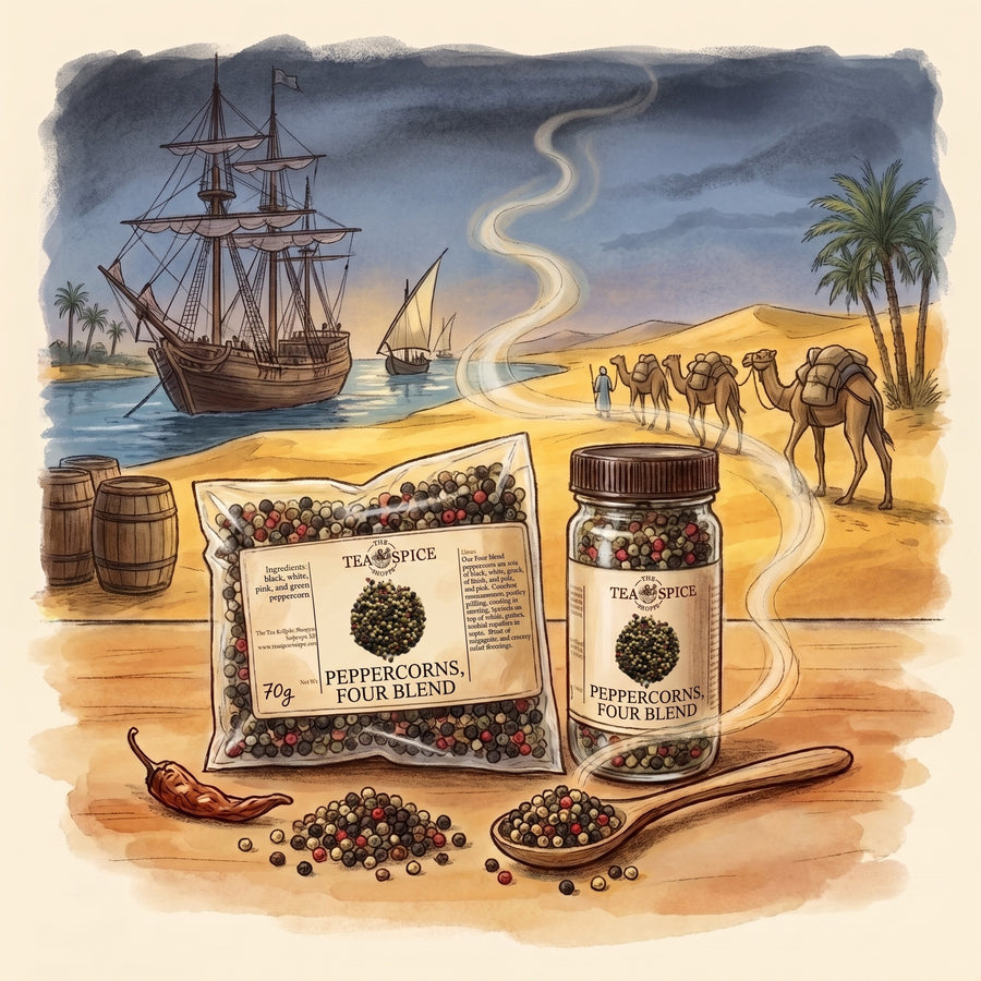 Illustration of Peppercorns, Four Blend in The Tea & Spice Shoppe bag and jar, with Roman Egypt in the second century