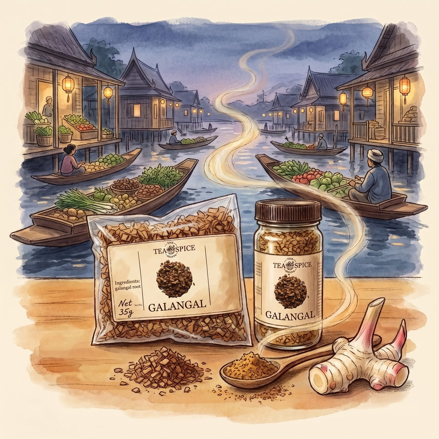 Illustration of Galangal Root, Greater in The Tea & Spice Shoppe bag and jar, with a floating market in central Thailand at dusk