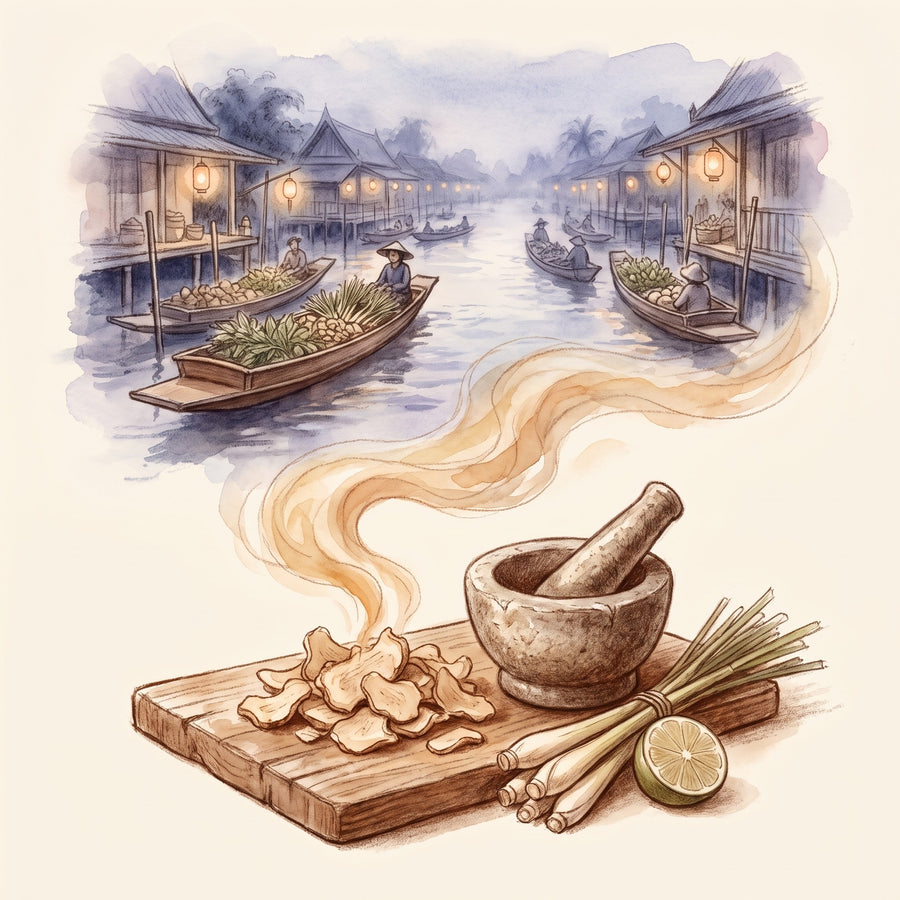 Illustration: Galangal Root, Greater with a floating market in central Thailand at dusk