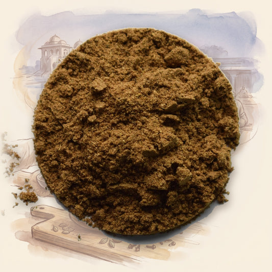 Garam Masala spice, shown over a chalk-and-watercolour illustration