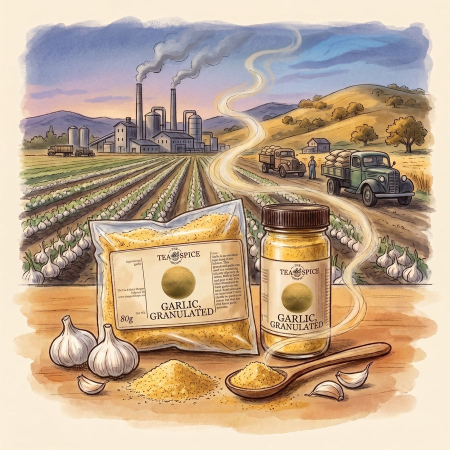 Illustration of Garlic, Granulated in The Tea & Spice Shoppe bag and jar, with Gilroy, California, in the 1940s
