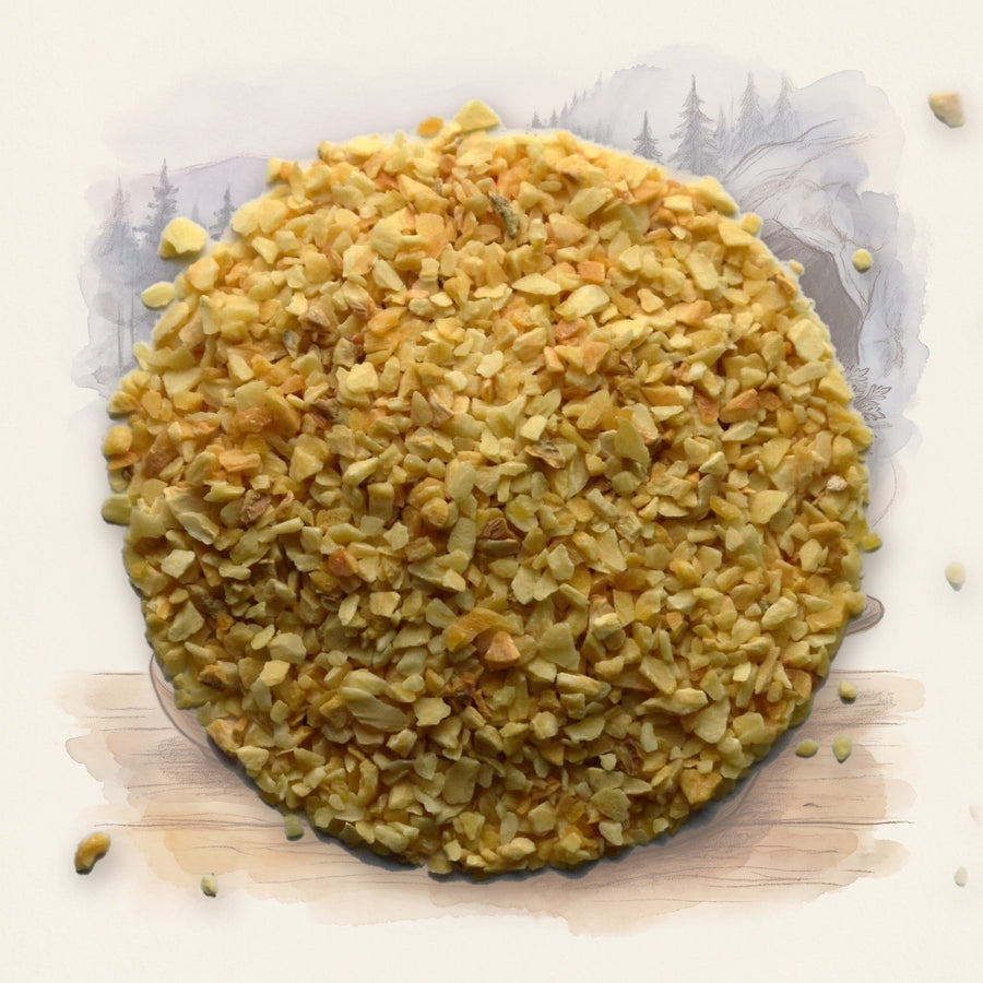 Garlic, Minced spice, shown over a chalk-and-watercolour illustration