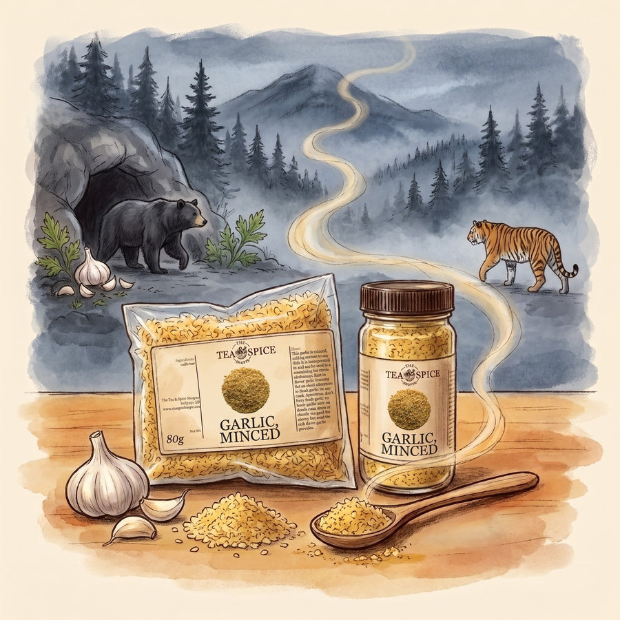 Illustration of Garlic, Minced in The Tea & Spice Shoppe bag and jar, with Korea's founding myth