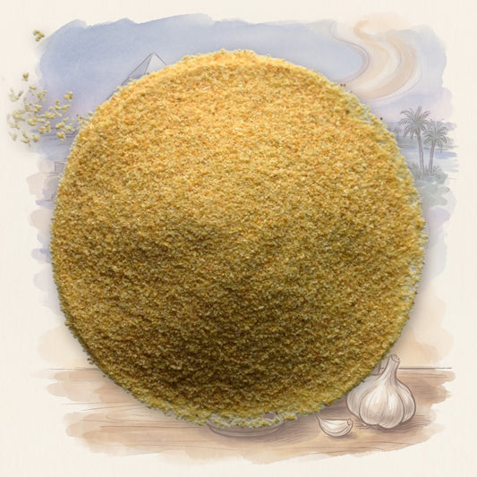 Garlic, Powder spice, shown over a chalk-and-watercolour illustration