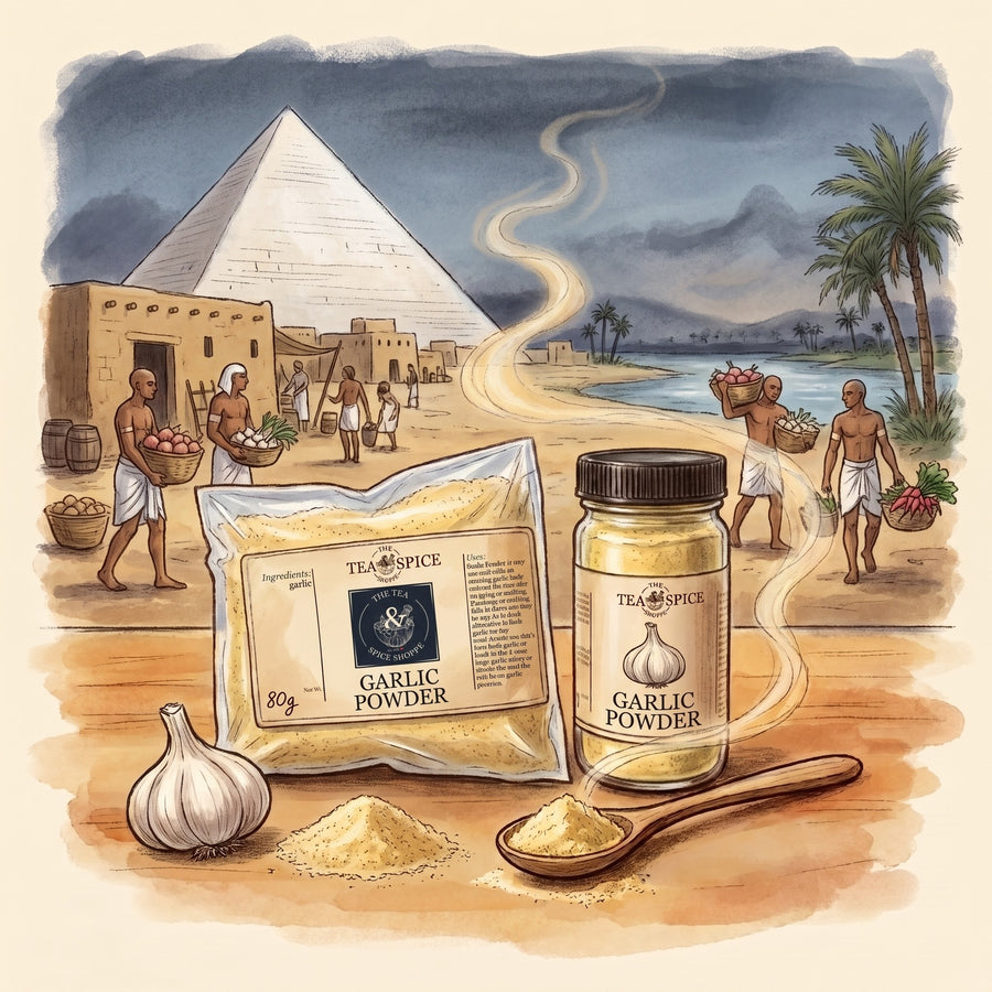 Illustration of Garlic, Powder in The Tea & Spice Shoppe bag and jar, with Ancient Egypt on the Giza plateau
