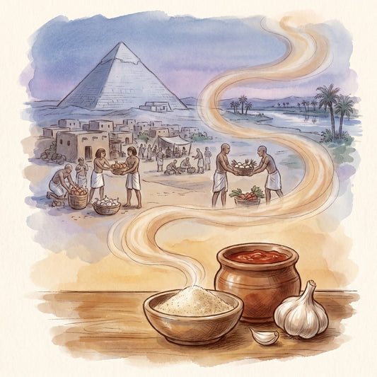 Illustration: Garlic, Powder with Ancient Egypt on the Giza plateau