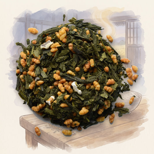 Genmaicha, Organic loose leaf tea, shown over a chalk-and-watercolour illustration
