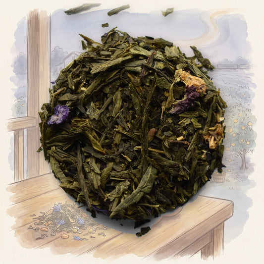Georgia Peaches, Organic loose leaf tea, shown over a chalk-and-watercolour illustration