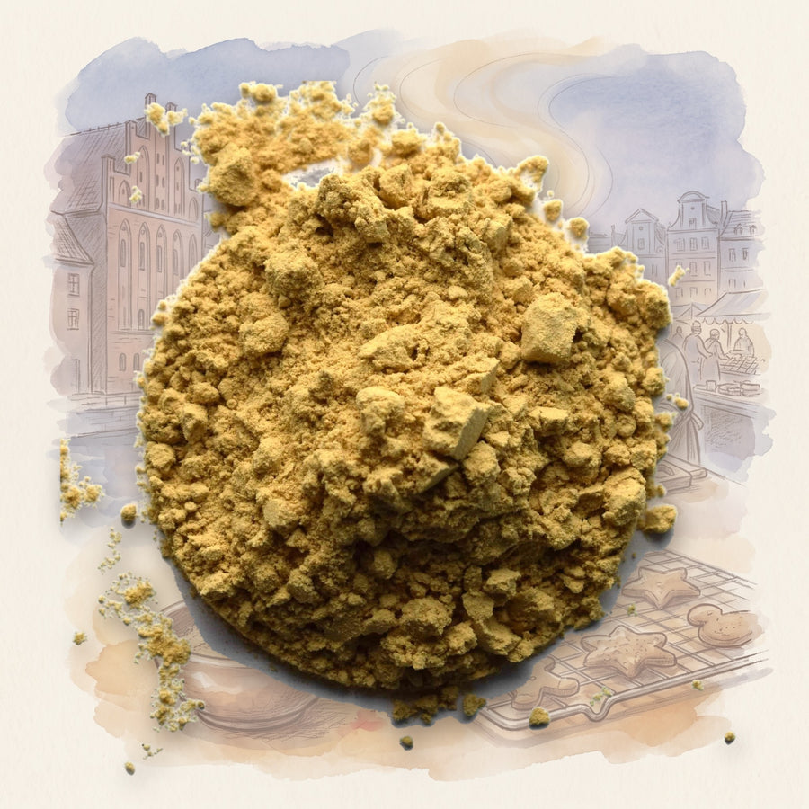 Ginger Root, Organic, Ground spice, shown over a chalk-and-watercolour illustration