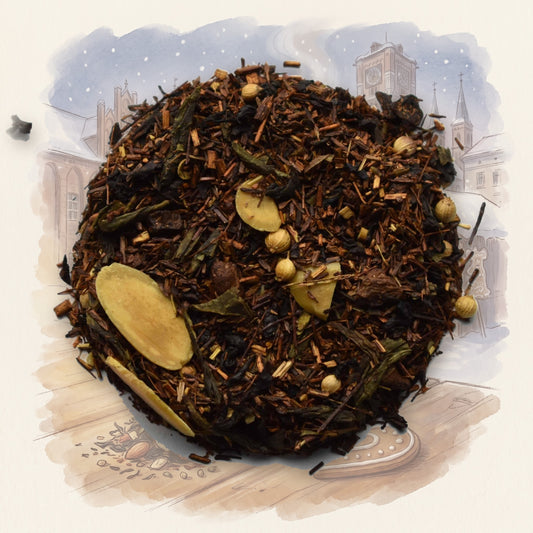 Gingerbread Spice loose leaf tea, shown over a chalk-and-watercolour illustration