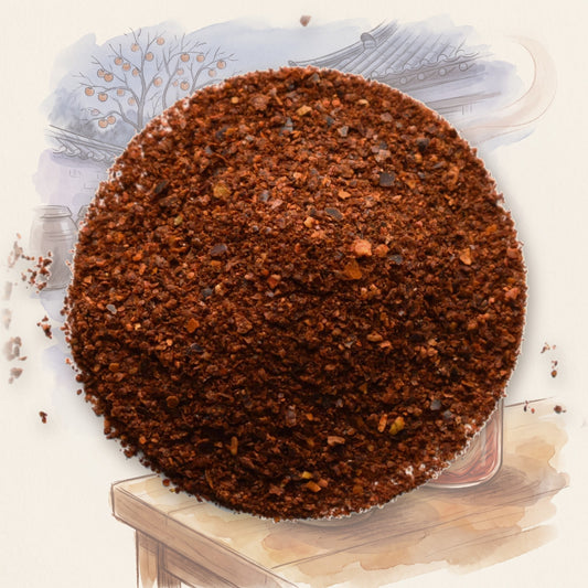 Gochugaru (Korean Chile Flakes) spice, shown over a chalk-and-watercolour illustration