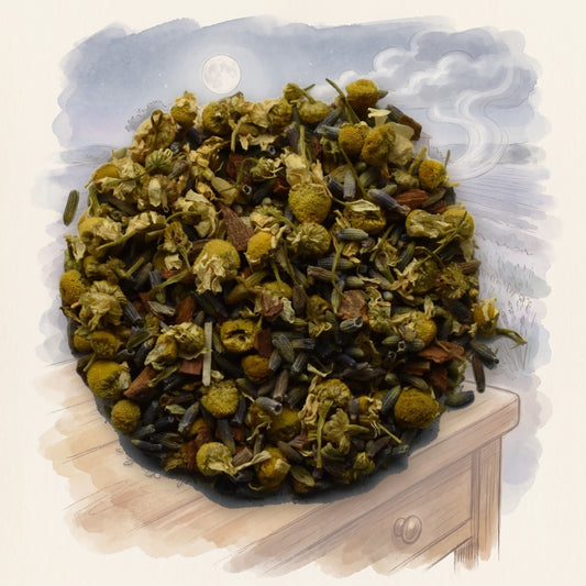 Goodnight Moon, Organic loose leaf tea, shown over a chalk-and-watercolour illustration