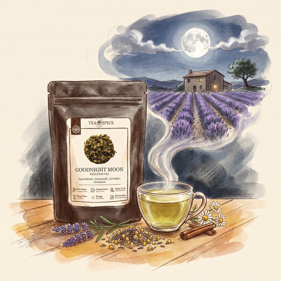 Illustration of Goodnight Moon, Organic in The Tea & Spice Shoppe pouch, with the Valensole plateau in Provence on a July night