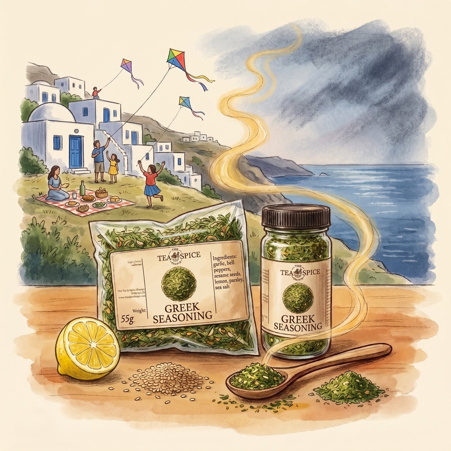 Illustration of Greek Seasoning in The Tea & Spice Shoppe bag and jar, with a Greek island hillside on Clean Monday