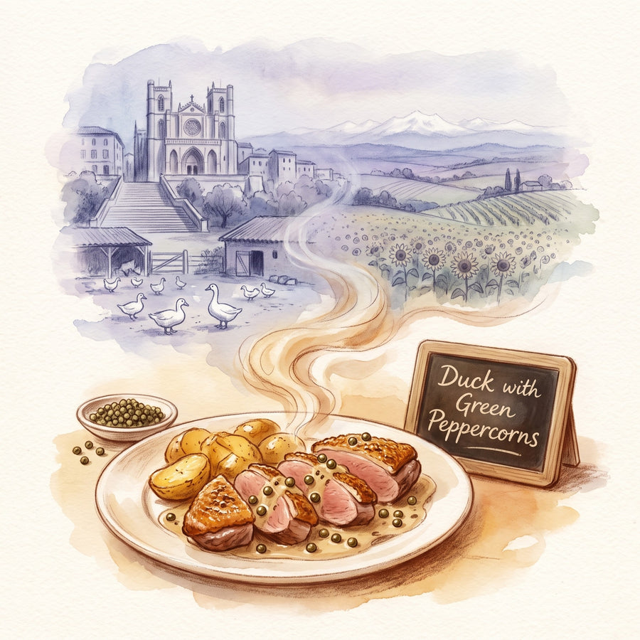 Illustration: Duck with Green Peppercorns, made with Peppercorns, Green