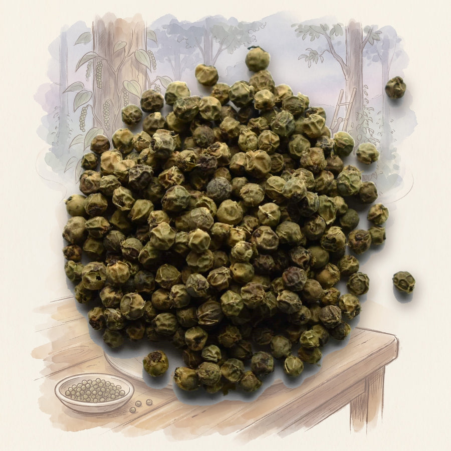 Peppercorns, Green spice, shown over a chalk-and-watercolour illustration
