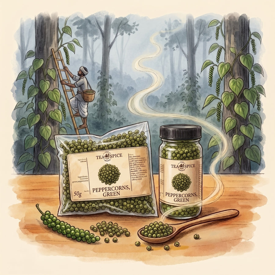 Illustration of Peppercorns, Green in The Tea & Spice Shoppe bag and jar, with the misty rainforest hills of the Western Ghats in India