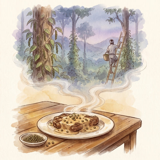 Illustration: Peppercorns, Green with the misty rainforest hills of the Western Ghats in India