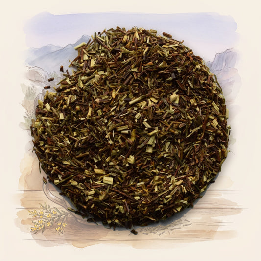 Green Rooibos, Organic loose leaf tea, shown over a chalk-and-watercolour illustration