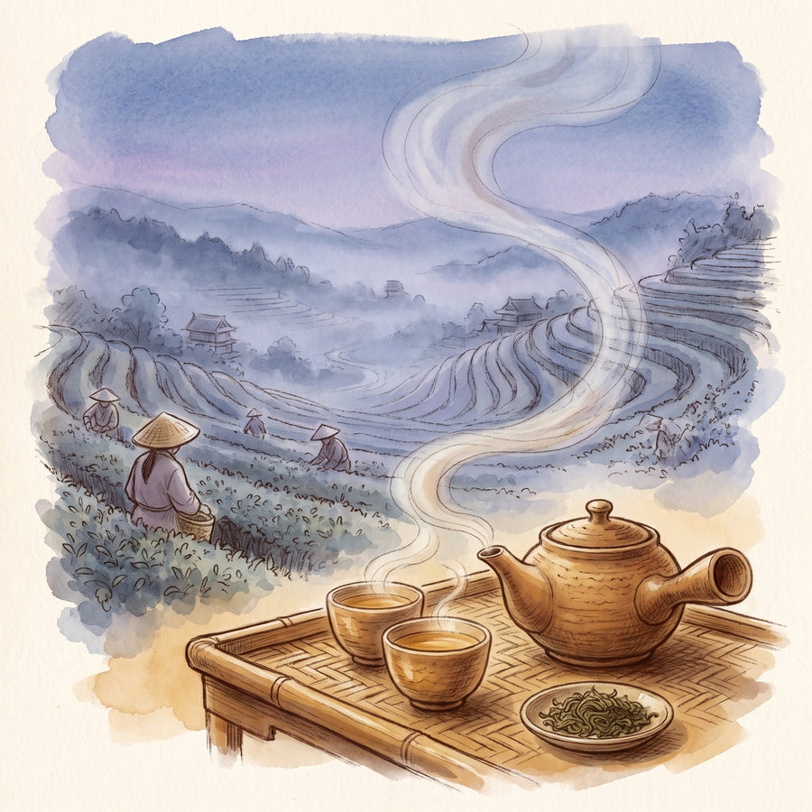 Illustration: Green Tea Set: 5 Loose Leaf Green Teas, a kyusu teapot on a bamboo tray, the tea terraces of Uji at dawn beyond