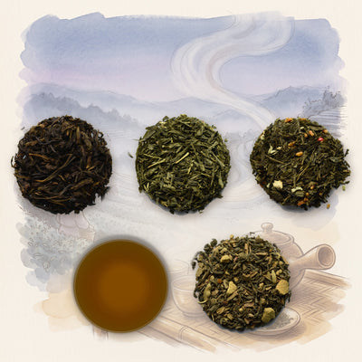 Green Tea Set: 5 Loose Leaf Green Teas: Silk Dragon Jasmine, Organic, Bancha, Organic, Bamboo Shoots, Haru's Hōjicha, Organic and Kashmiri Chai, shown over a chalk-and-watercolour illustration