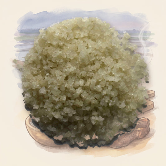 Grey Sea Salt, Coarse spice, shown over a chalk-and-watercolour illustration