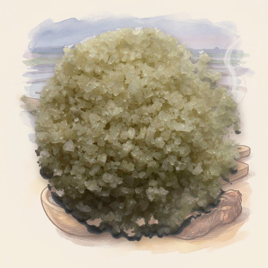 Grey Sea Salt, Coarse spice, shown over a chalk-and-watercolour illustration